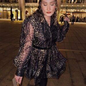 N by Nancy Leopard Print Sheer Ruffle Dress